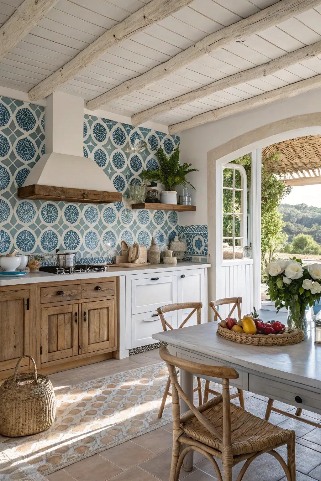 Mediterranean-inspired kitchen featuring cool blue arabesque tile backsplash.