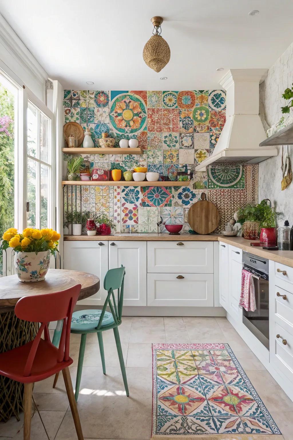 Eclectic kitchen featuring a lively, colorful arabesque tile backsplash.