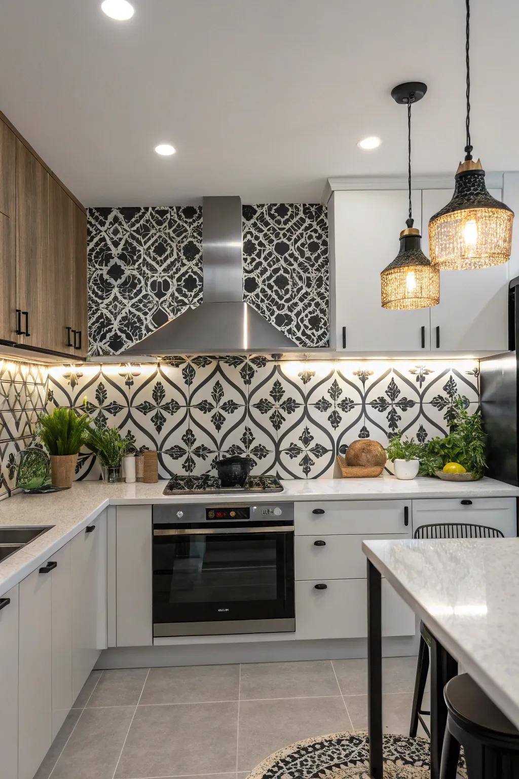 Modern kitchen featuring a striking black and white arabesque tile backsplash.