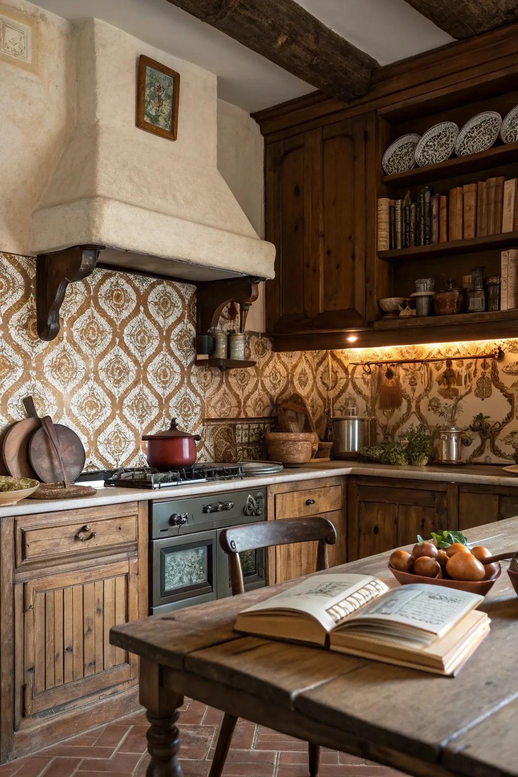 Rustic kitchen featuring earthy arabesque tiles that add natural warmth.