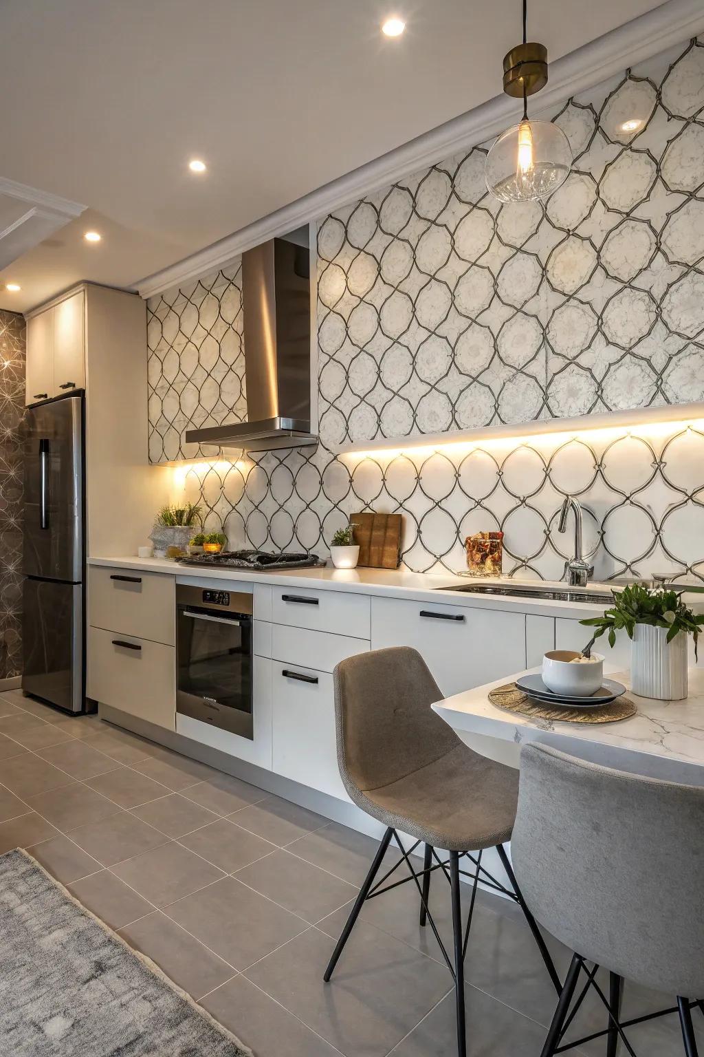 Contemporary kitchen featuring a mix of glossy and matte arabesque tiles for visual interest.