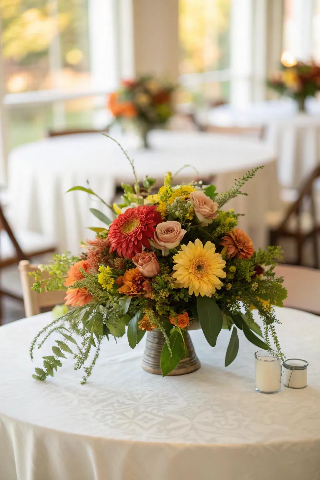 Seasonal flowers brighten the Thanksgiving table.