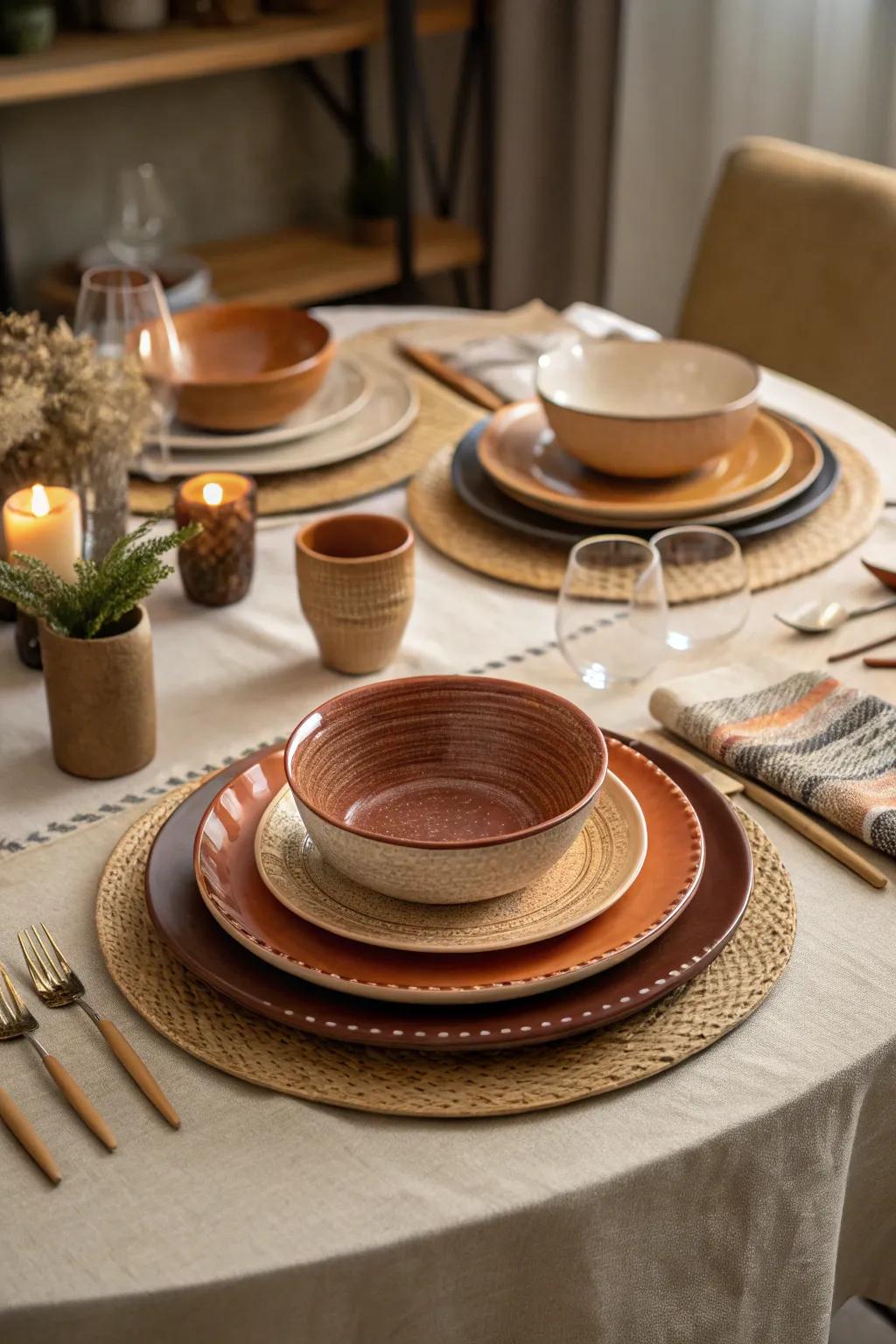 Layered tableware exudes refined elegance.