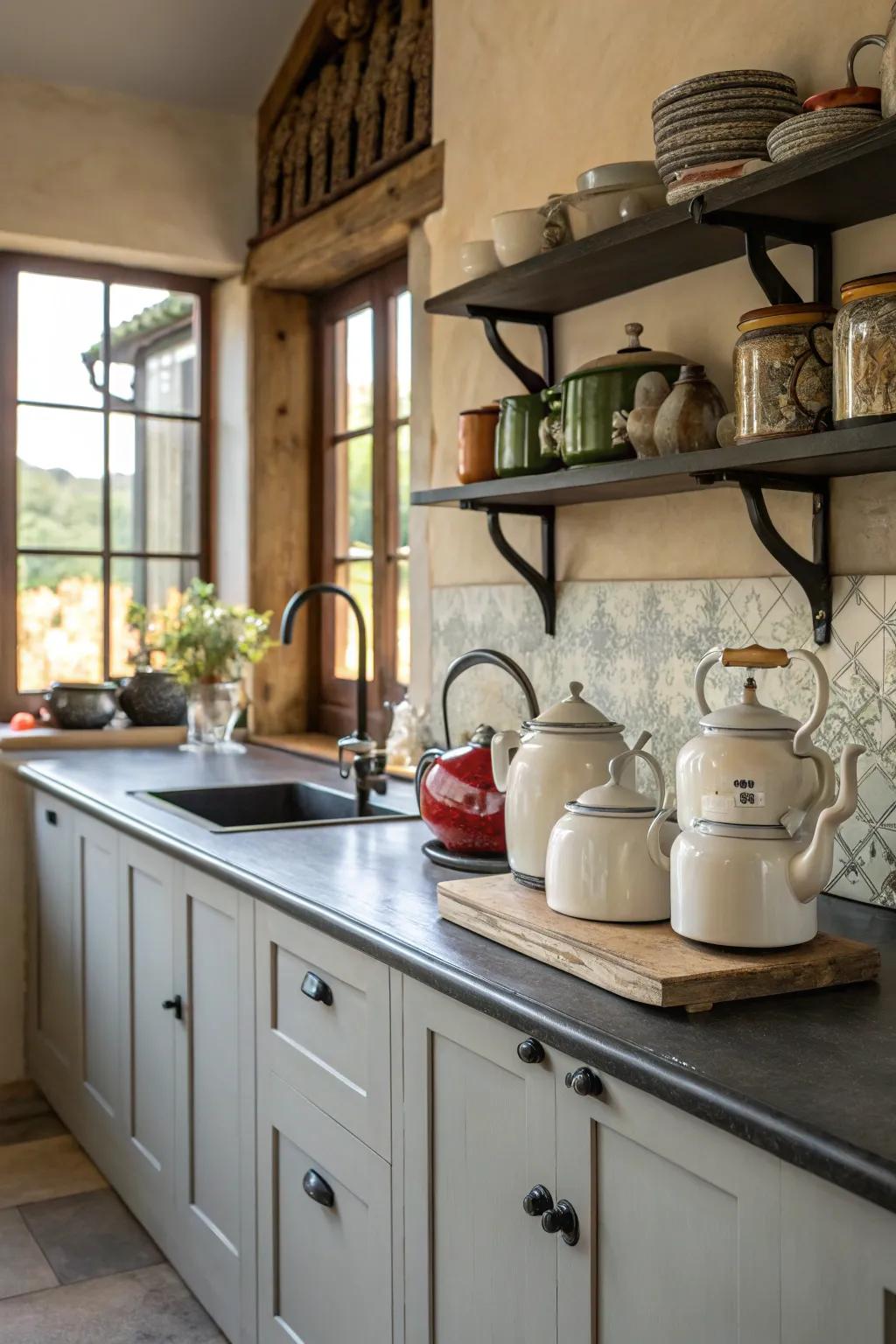 A mix of vintage and modern decor creates a kitchen full of personality.