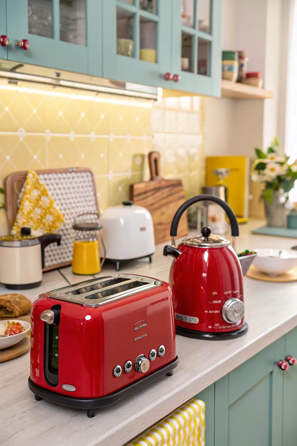 Colorful appliances add joyful bursts of color.