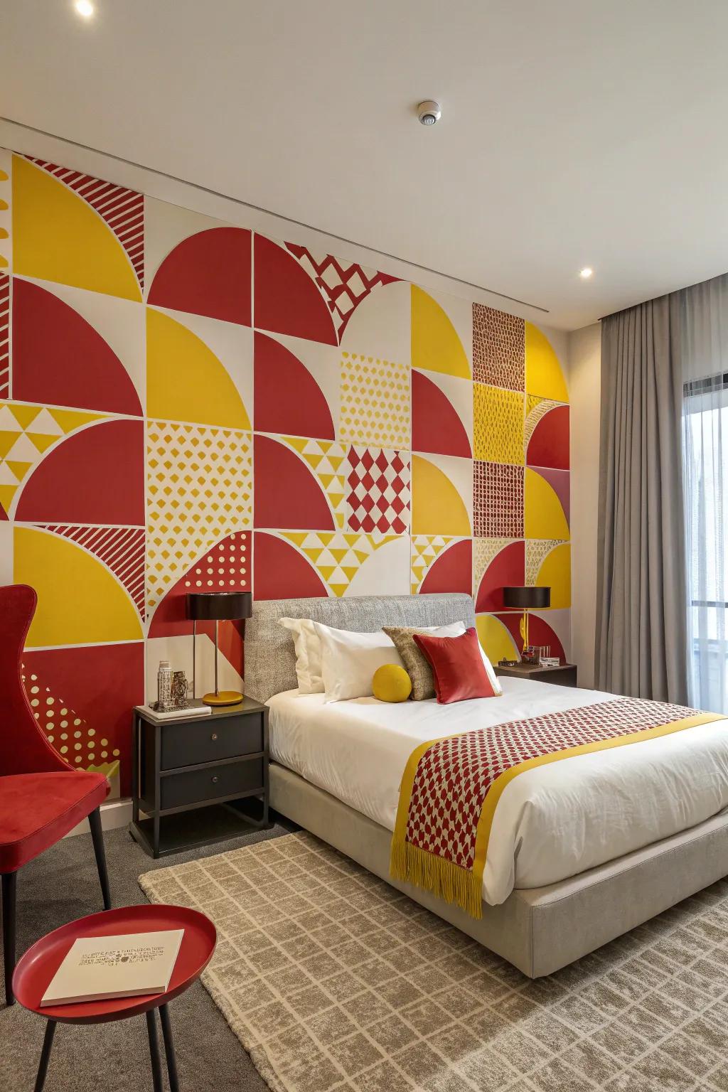 Mathematical wall art adds a modern and dynamic flair to this bedroom.
