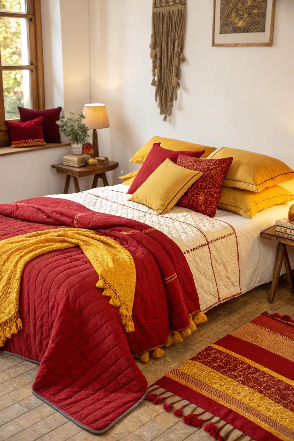 Layered textiles in scarlet and gold create a warm and welcoming atmosphere in this bedroom.