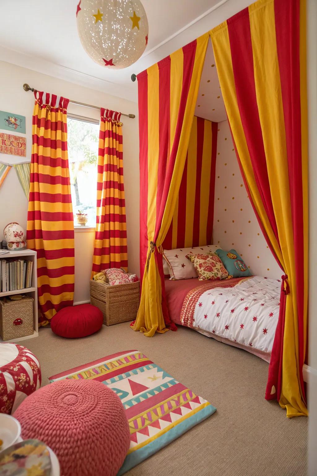 Striped window coverings in scarlet and gold bring a playful and dynamic feel to this bedroom.