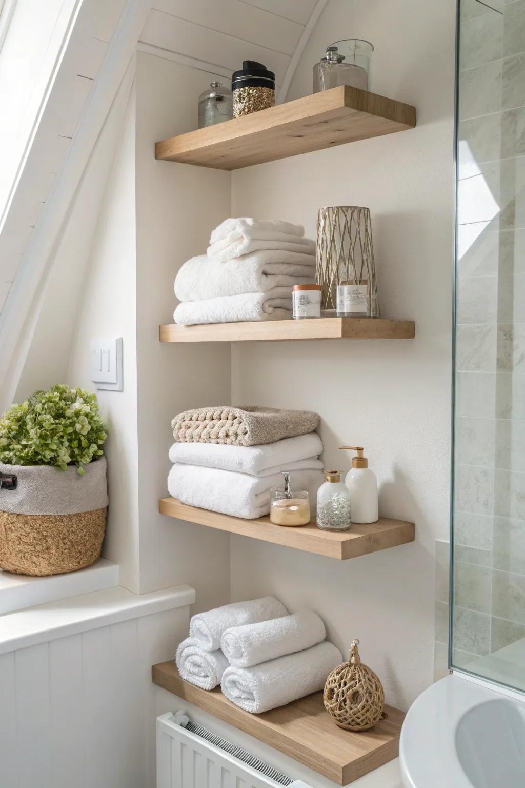 Floating shelves providing elegant storage in bathroom corners