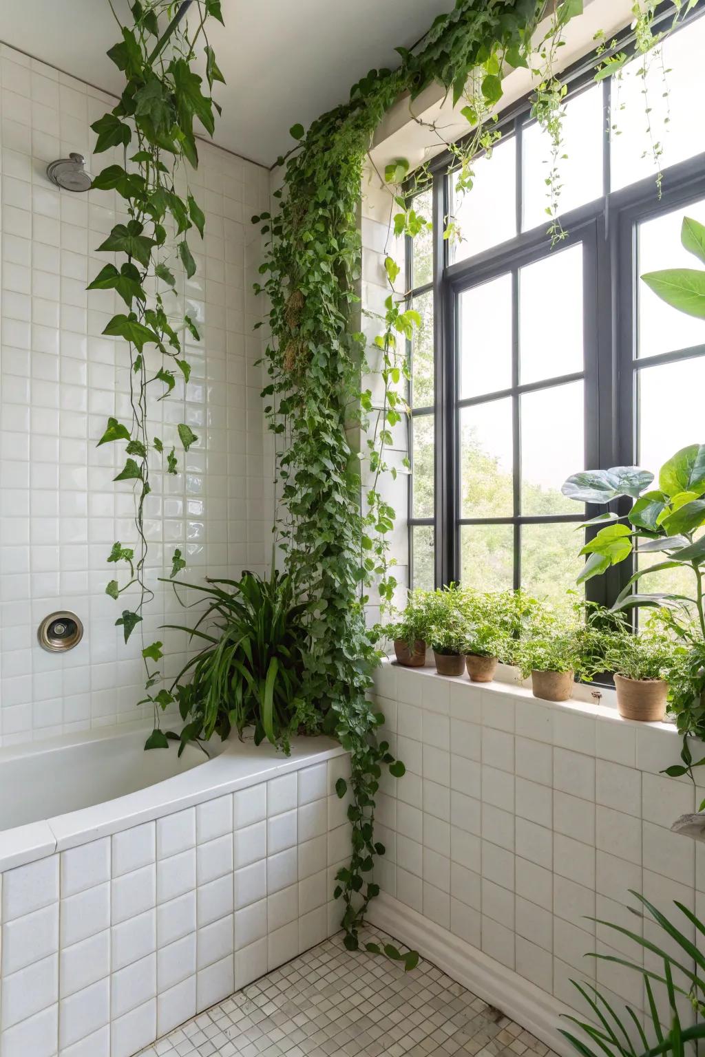 Vertical greenery adding a refreshing vibe to bathroom corners