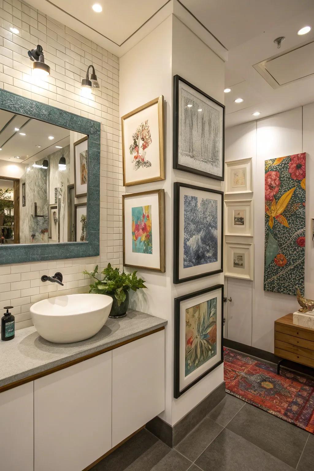 Bathroom corner featuring a curated art gallery
