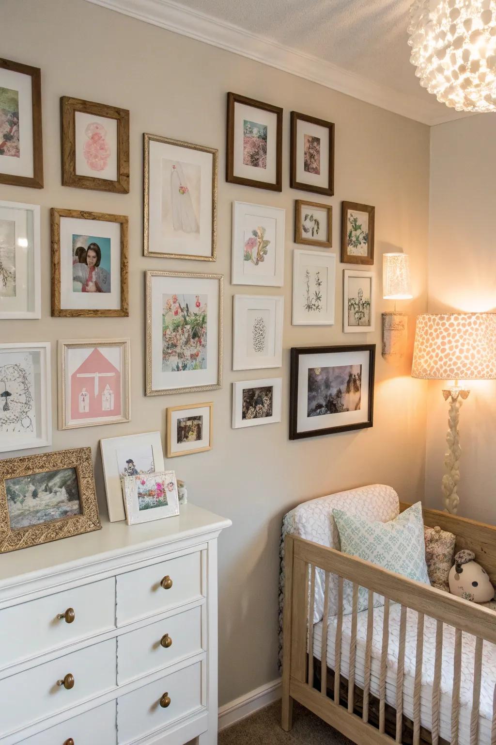 Gallery wall mixing baby photos and art prints.