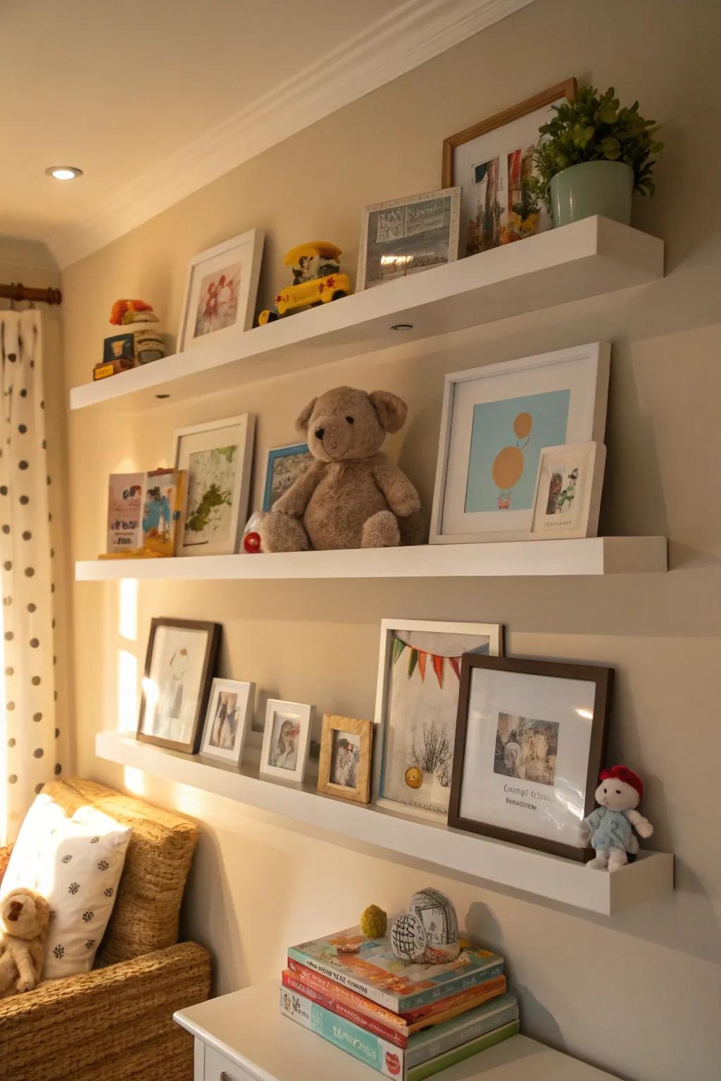 Floating shelves offer flexible display options for baby keepsakes.