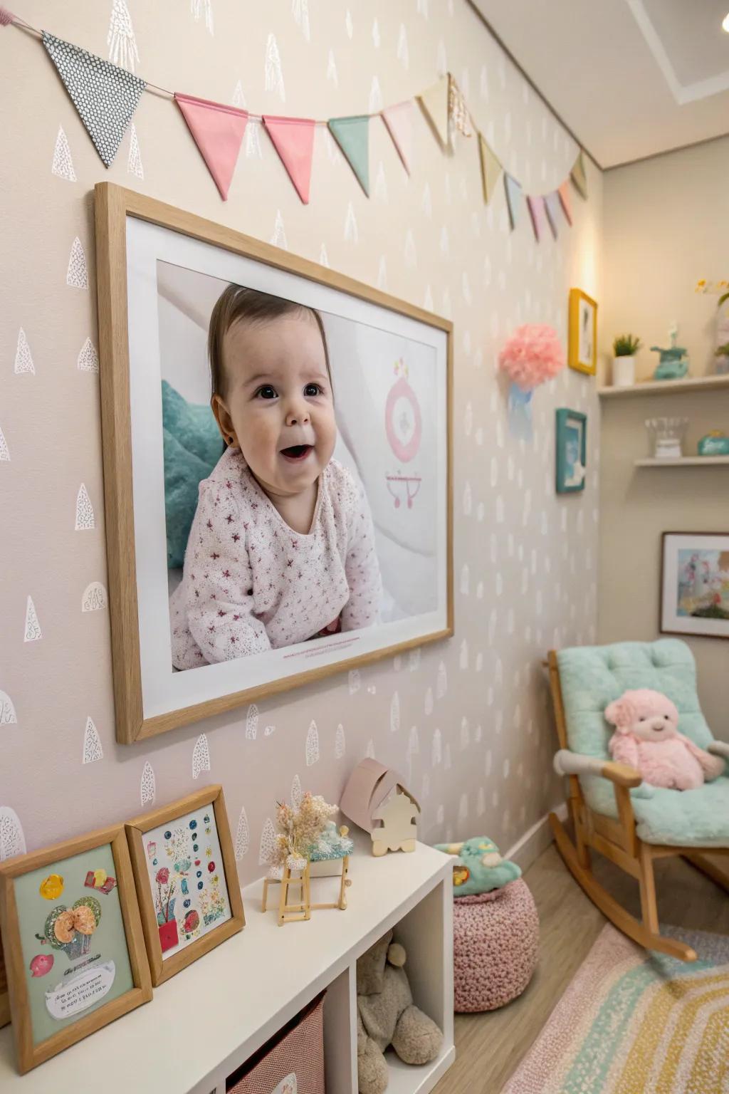 A large photo creates a striking focal point in the nursery.