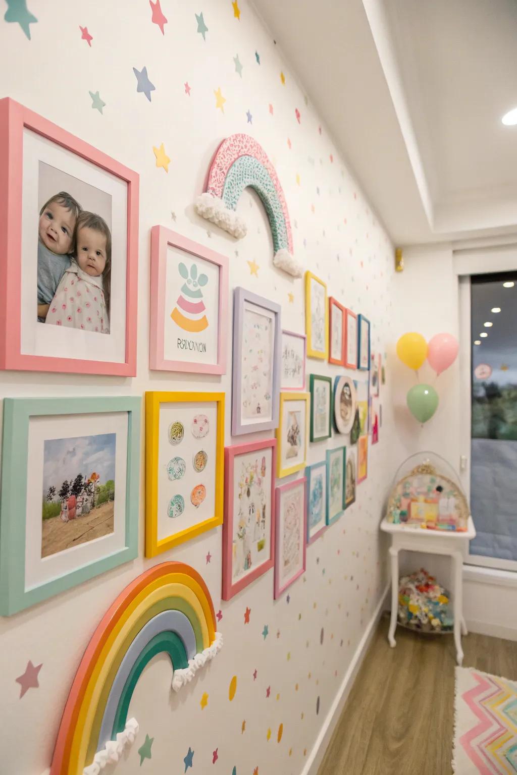 A whimsical rainbow theme adds charm to the baby photo wall.