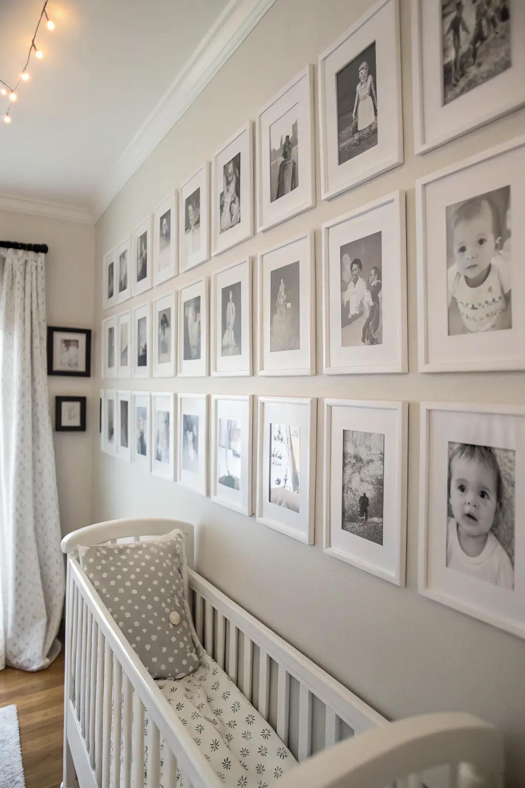 Monochrome tones offer classic elegance to the photo wall.