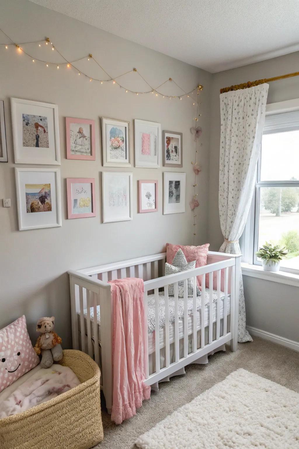 Integrate the photo wall into nursery corners for a cozy feel.