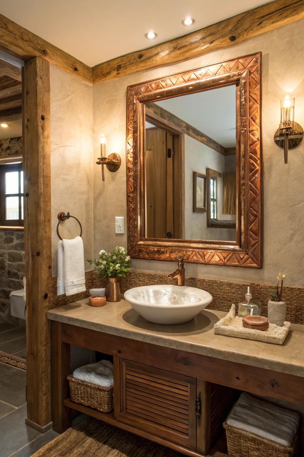 Copper-framed mirrors brighten and expand space.