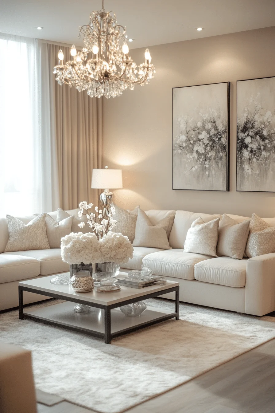 Tufted Sofa and Modern Lighting in Transitional Living Room
