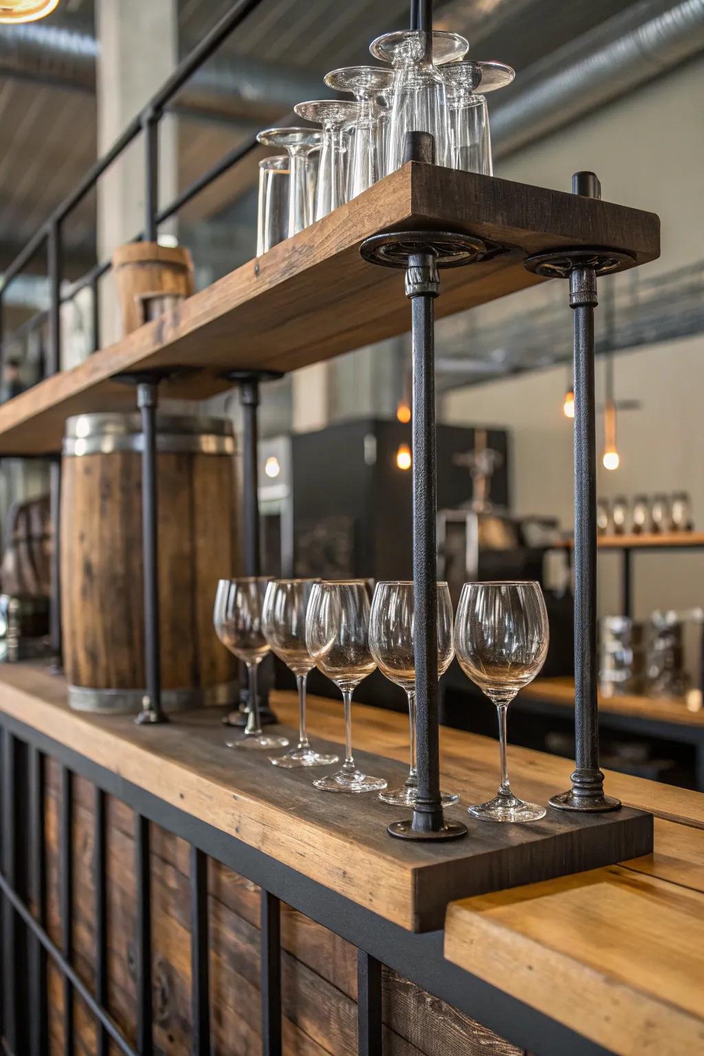 Industrial-style wine glass display with metal and wood.