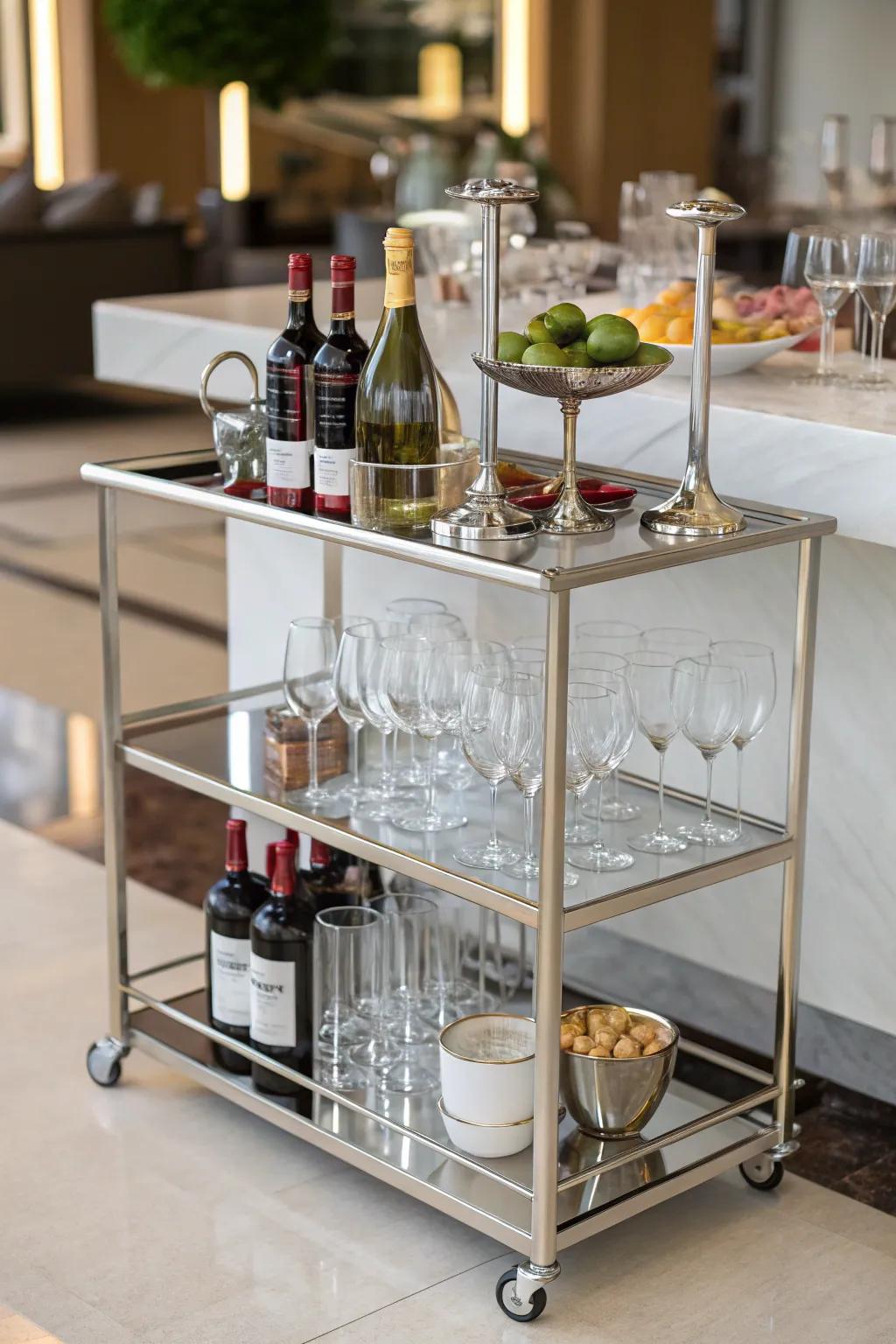 Elegant bar cart displaying wine glasses.