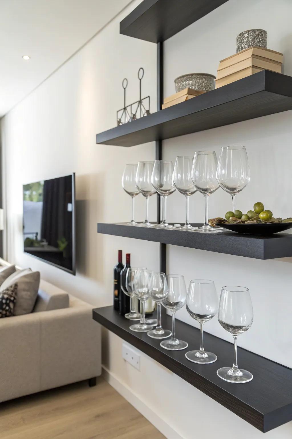 Minimalist floating shelves in a modern room.