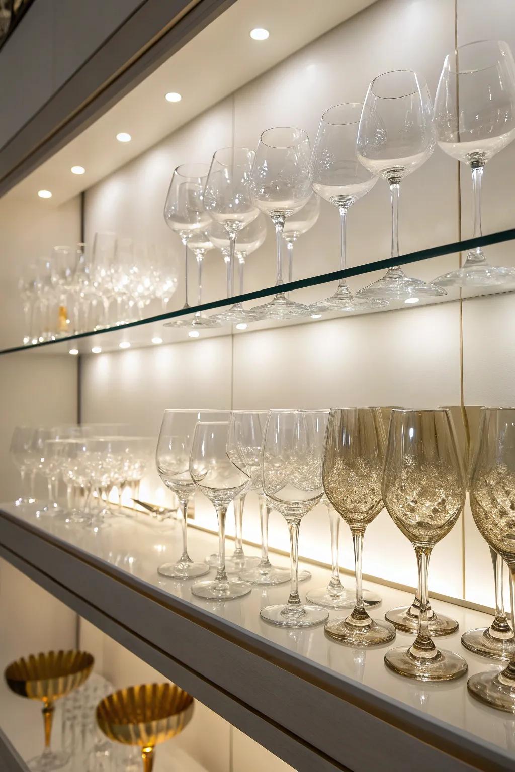 Wine glasses highlighted by ambient lighting.