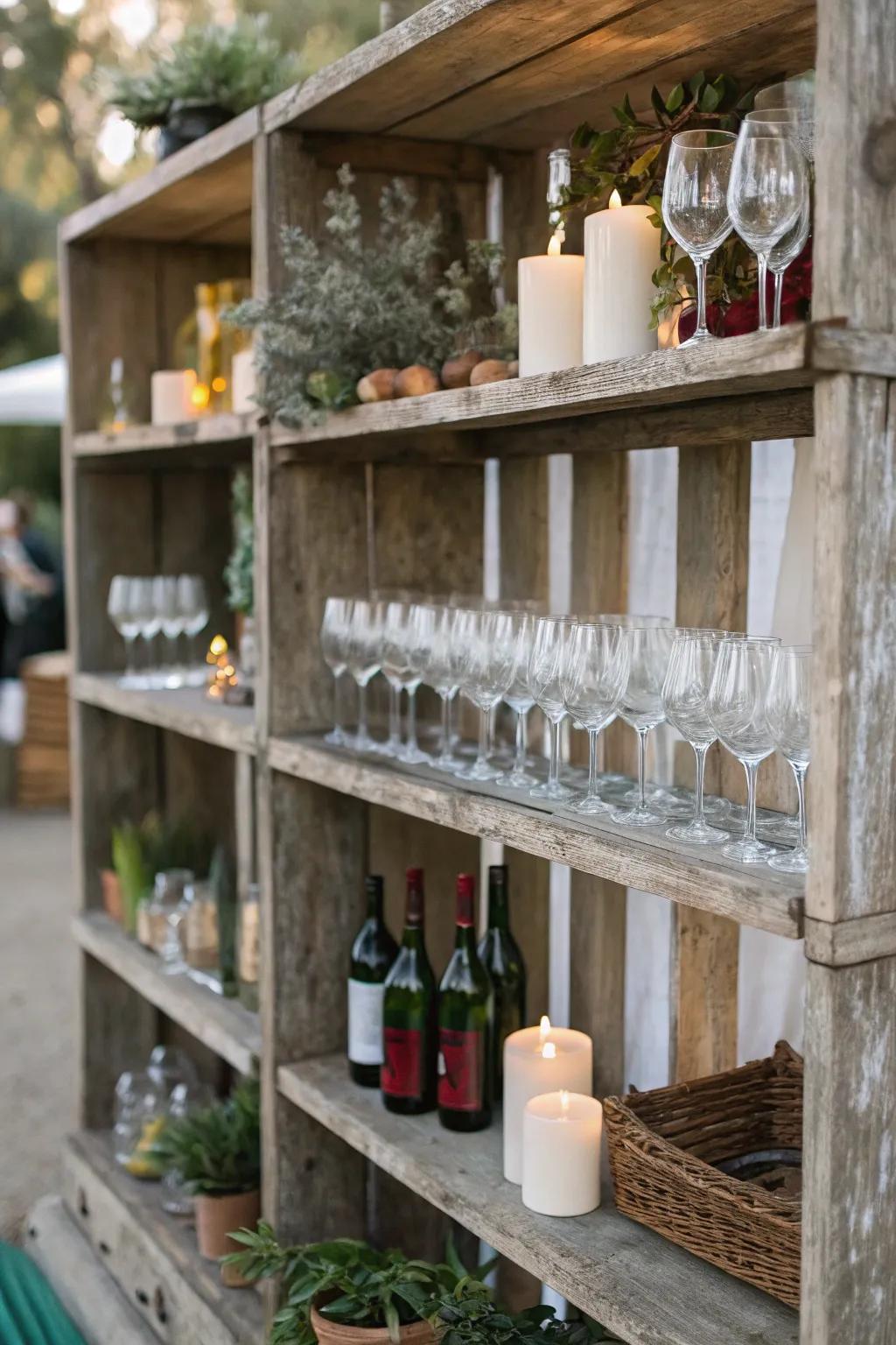 Wooden shelves displaying various wine glasses.