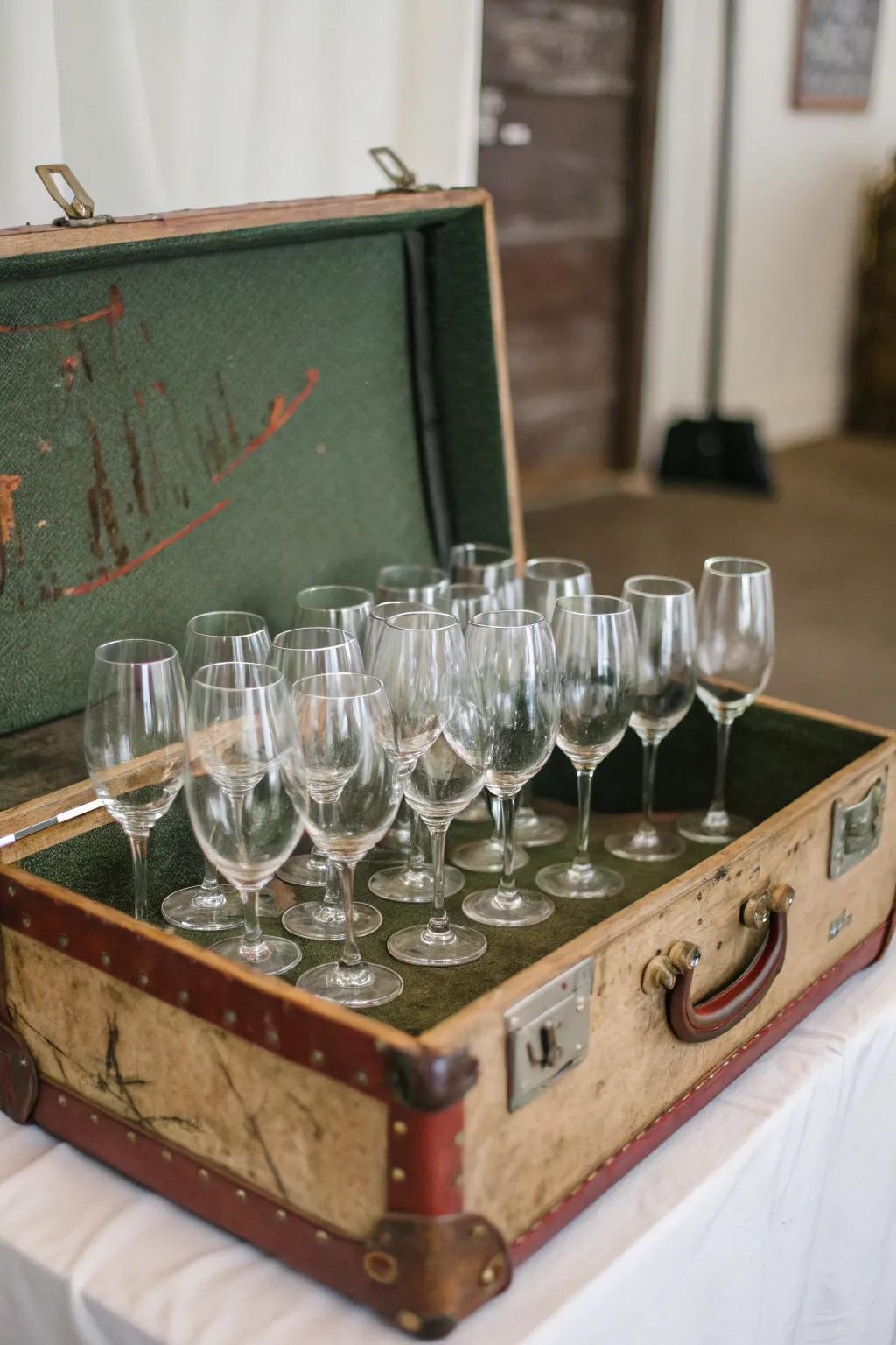 Vintage suitcase repurposed as a wine glass display.