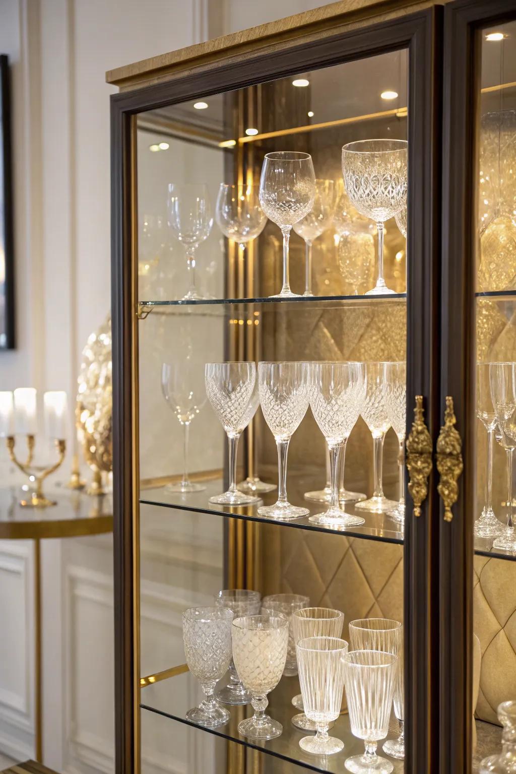 Glass-front cabinet showcasing wine glasses.