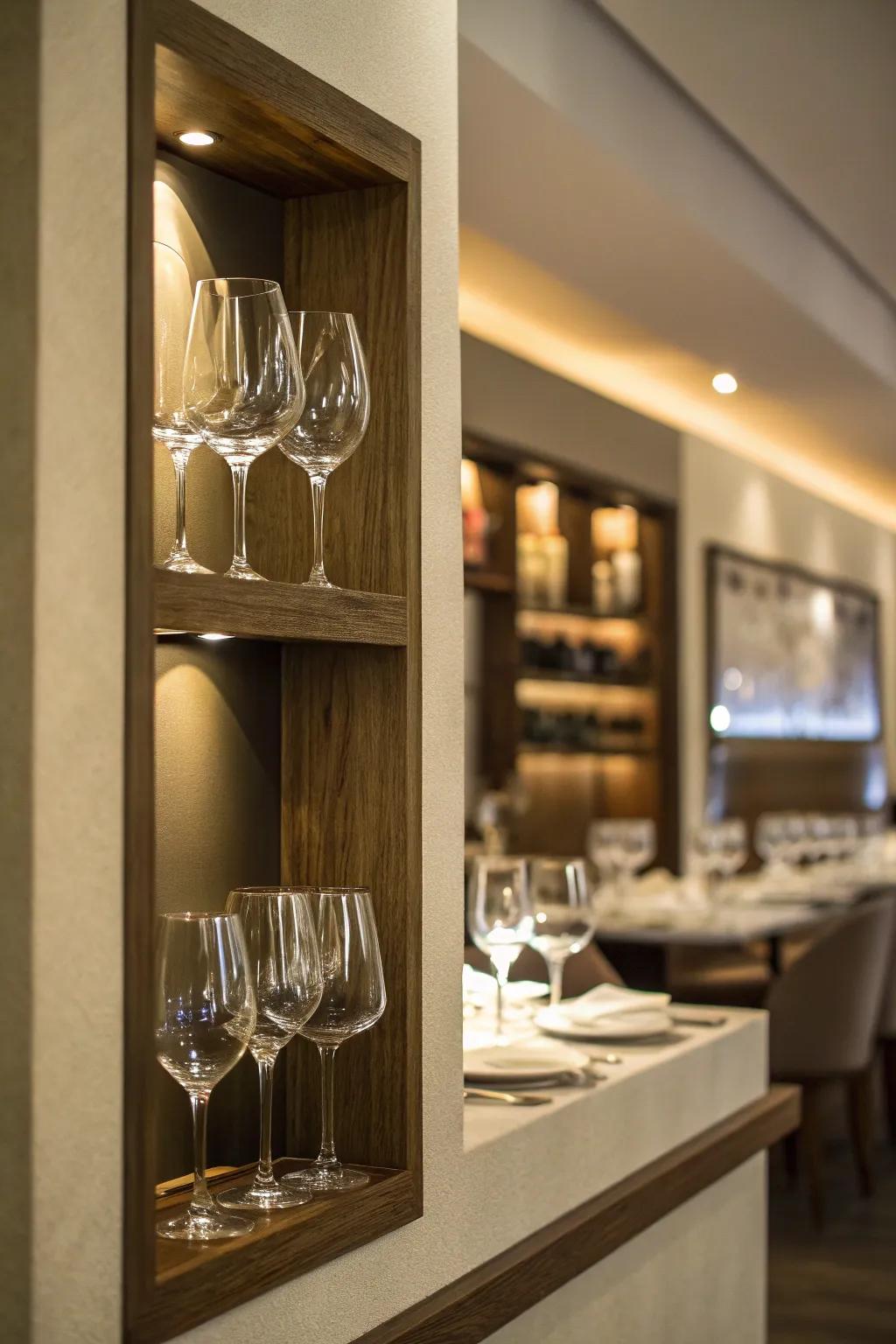 Sleek recessed wall niche for wine glasses.