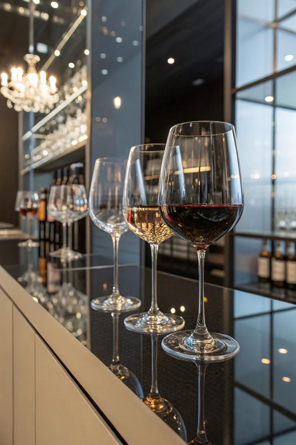 Mirrored backdrop enhancing wine glass display.