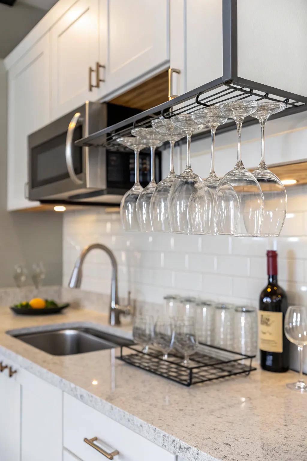 Under-cabinet wine glass rack in a modern kitchen.