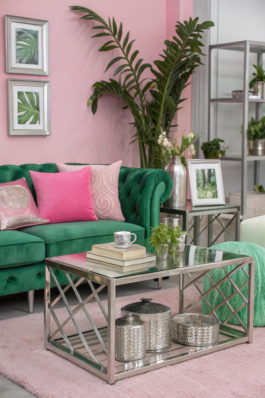 Metallic elements paired with pink and green create a sleek, modern look.