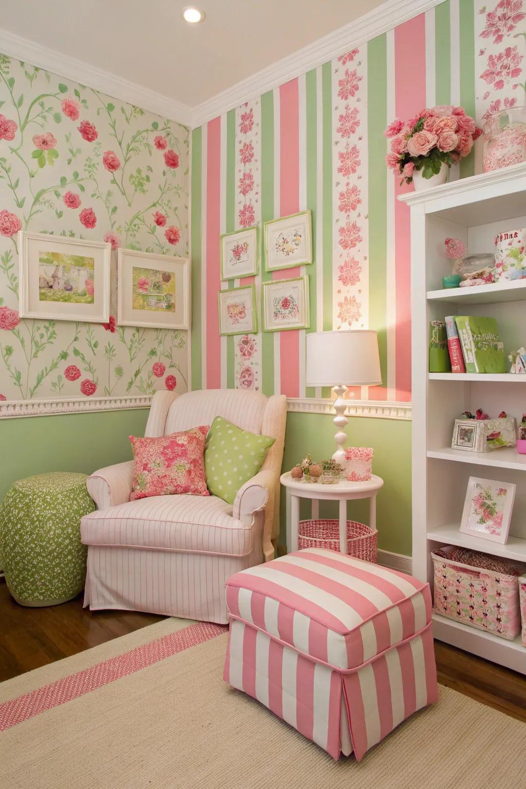 A lively mix of floral and striped patterns in pink and green livens up the room.