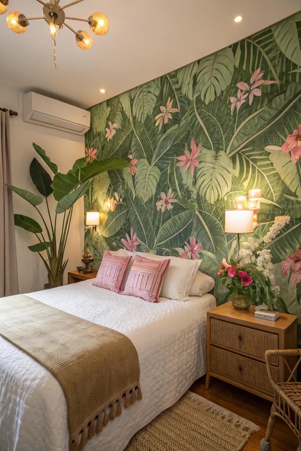 Botanical wallpaper with lush greens and soft pinks creates a calming retreat.