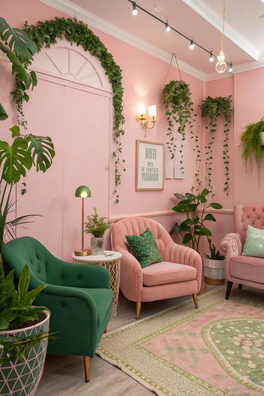 Soft pink walls paired with green accents create a charming, quirky space.