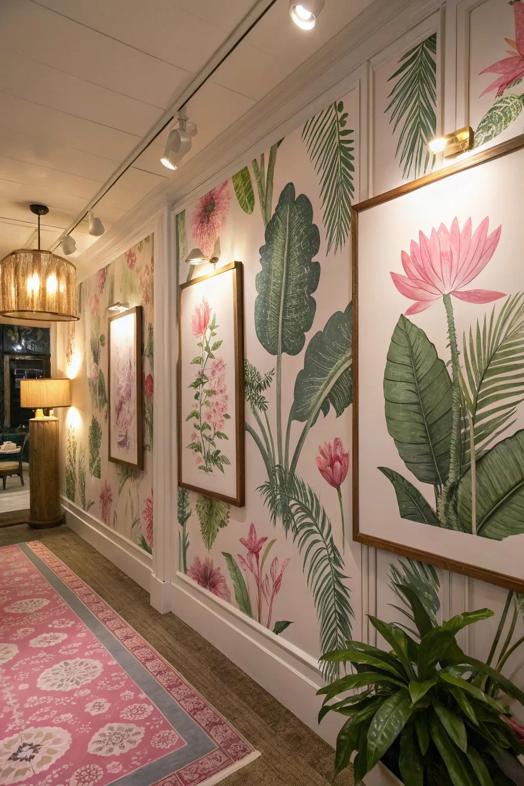 Botanical art prints in pink and green enhance room decor.