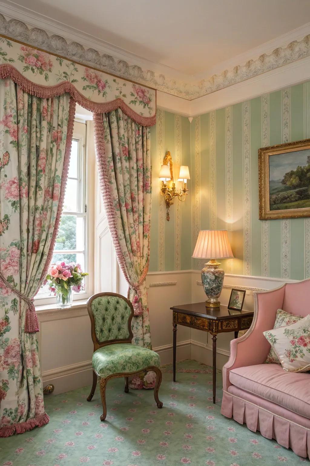 Classic pink and green décor evokes a cozy, vintage elegance.