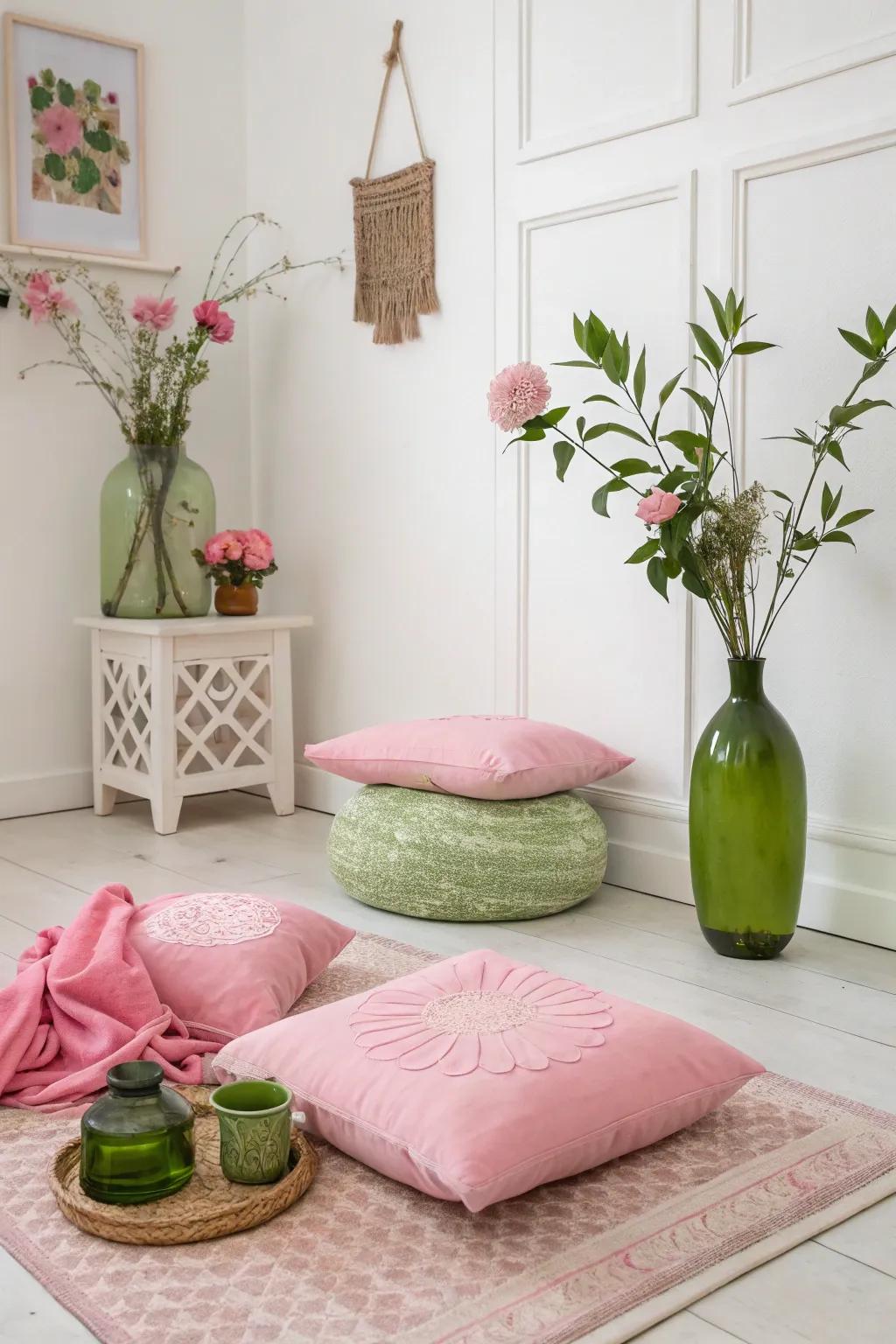 Clean and simple pink and green décor exudes understated elegance.