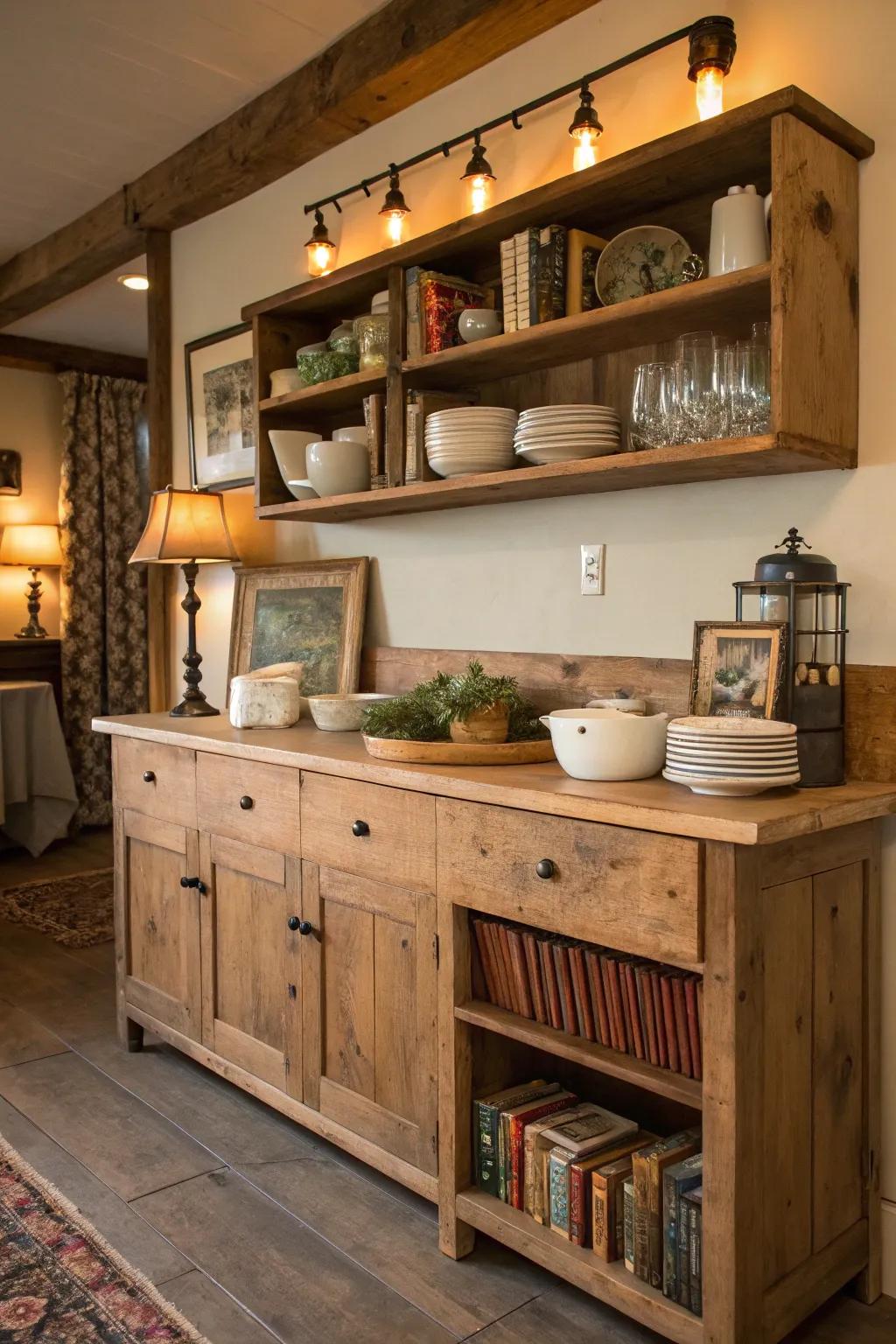 A reclaimed wood sideboard paired with open shelving adds rustic warmth to the kitchen.