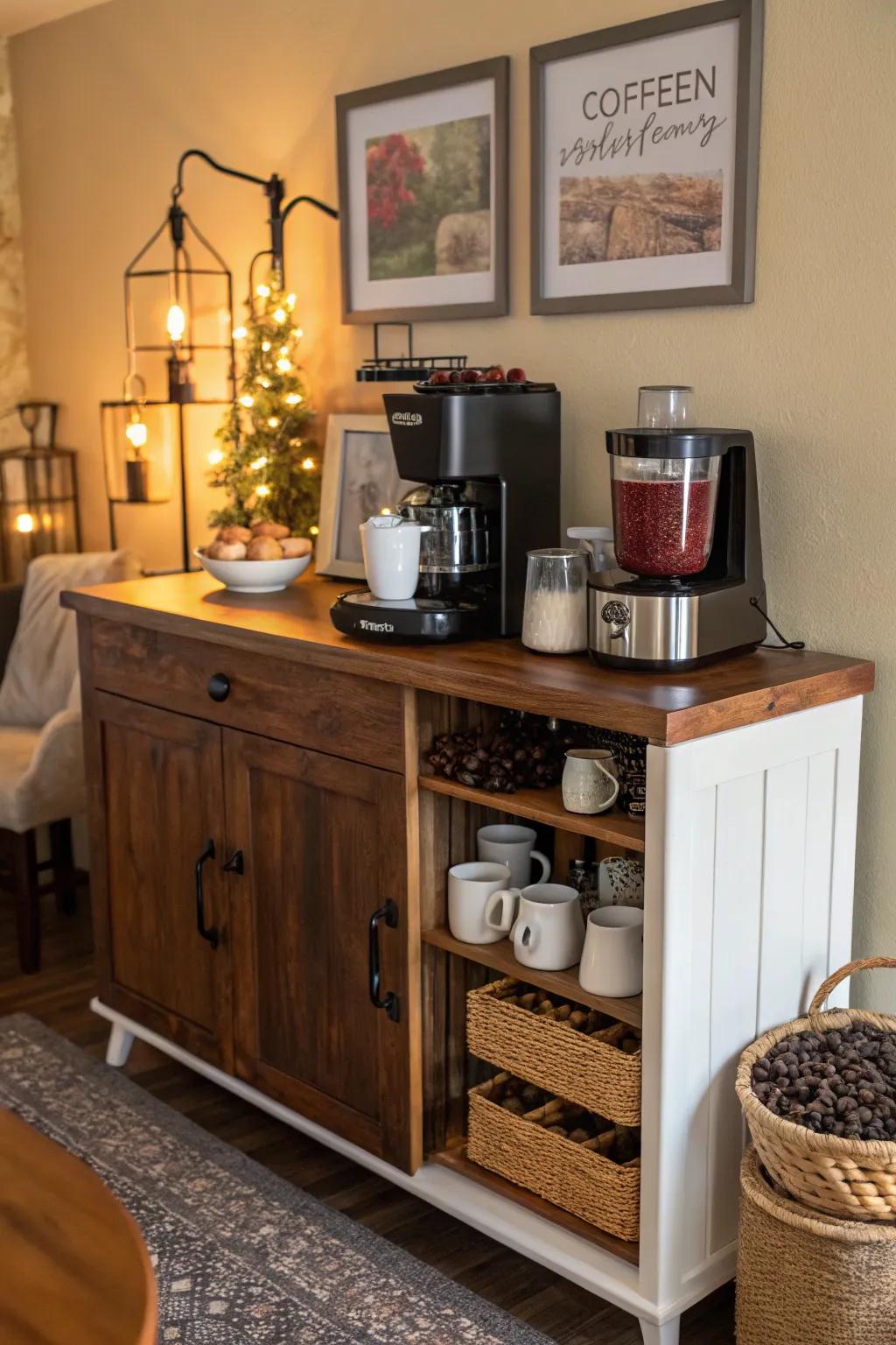 A sideboard converted into a stylish coffee station adds charm and convenience.
