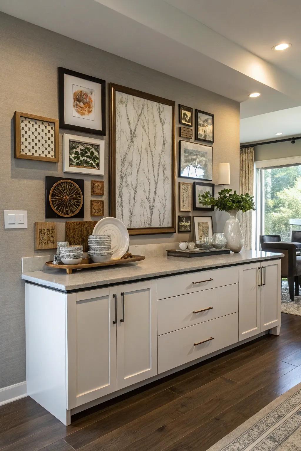 Layered wall decorations above the sideboard add dimension and style.