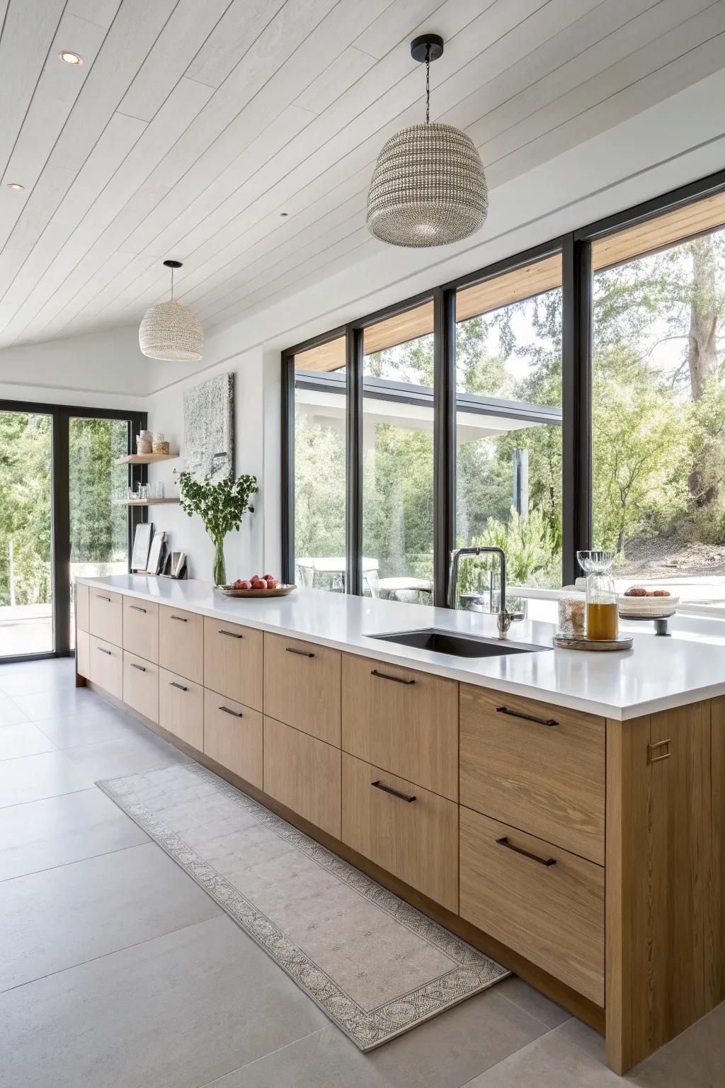 A floating sideboard creates a sleek, airy feel in the kitchen.