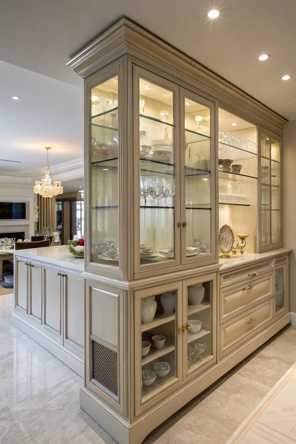 Glass-front sideboards offer timeless elegance and organized display.