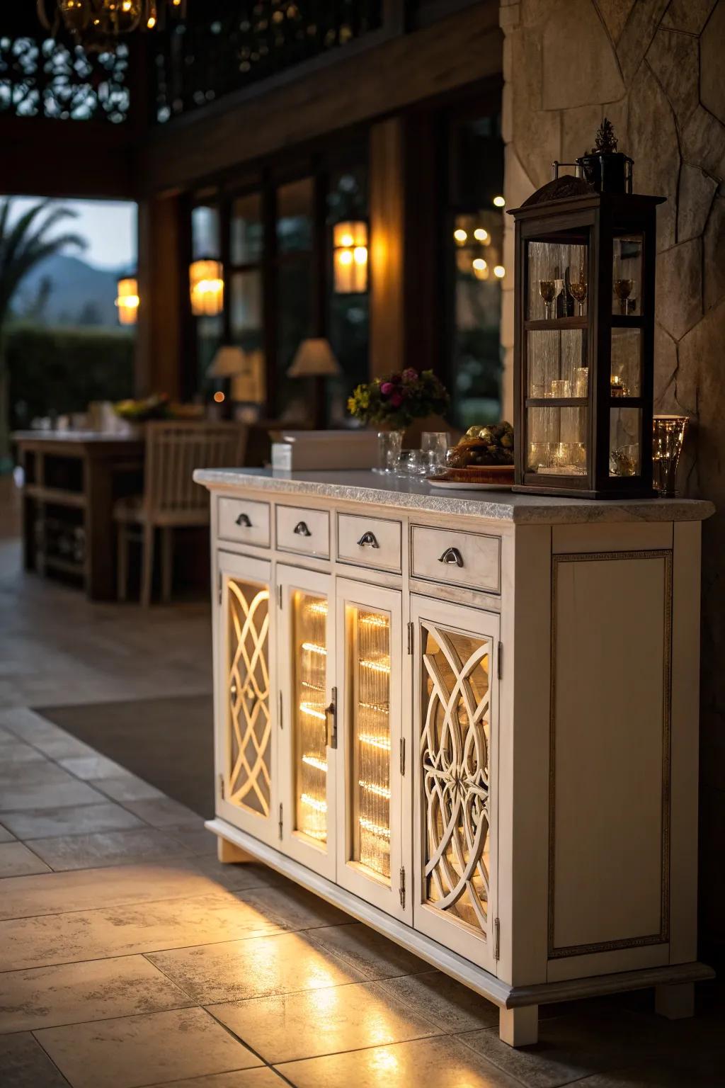 Strategic lighting accentuates the sideboard's role in the kitchen.