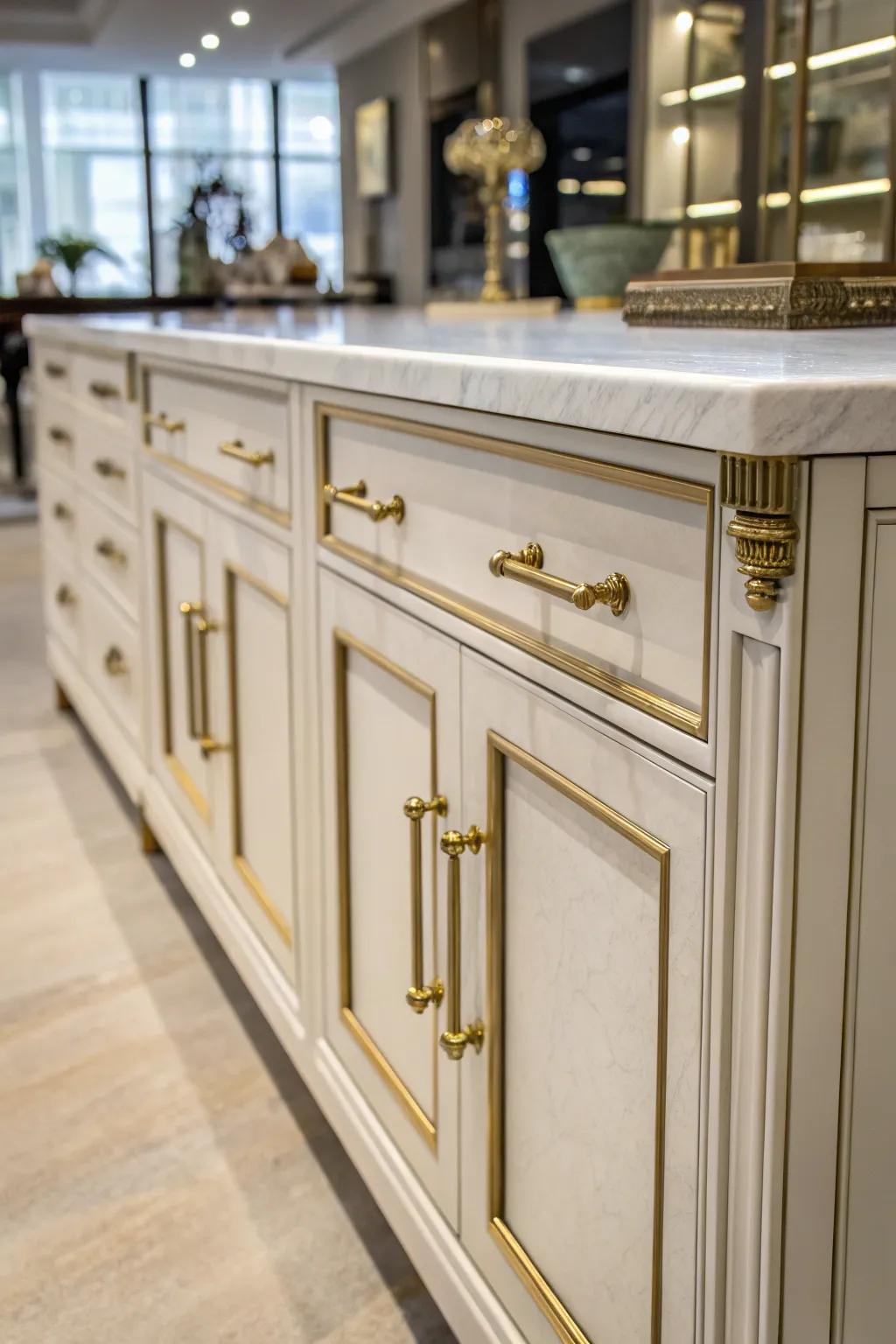 Brass and marble details add a touch of luxury to the sideboard.