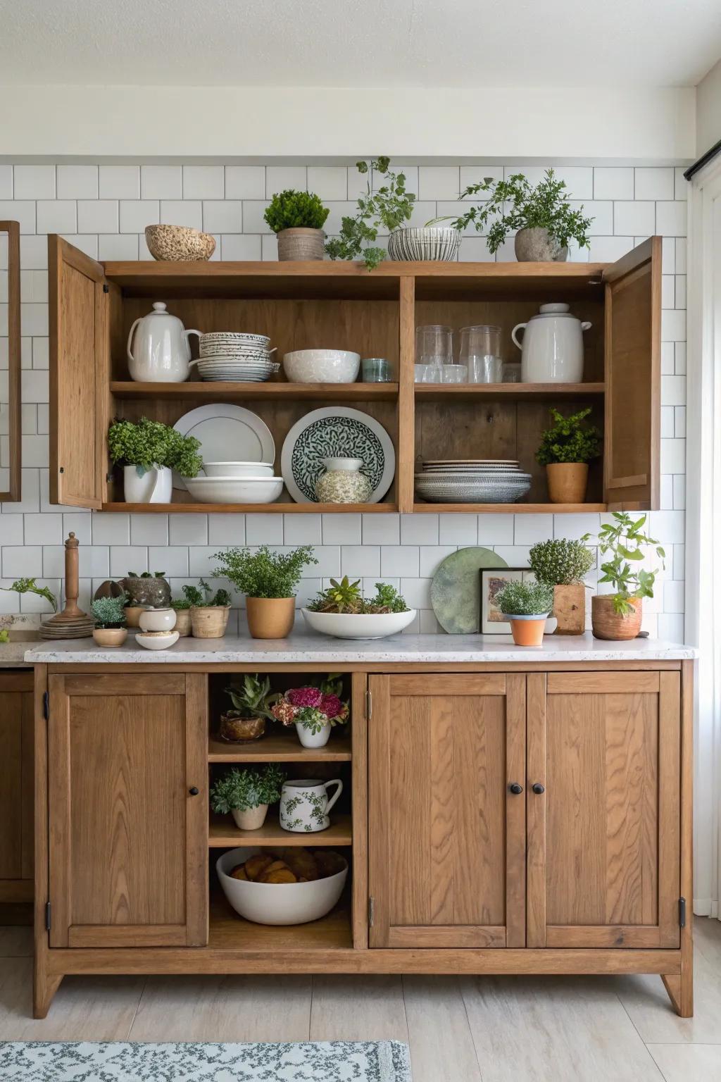 Open shelving on a sideboard creates a warm and welcoming kitchen atmosphere.