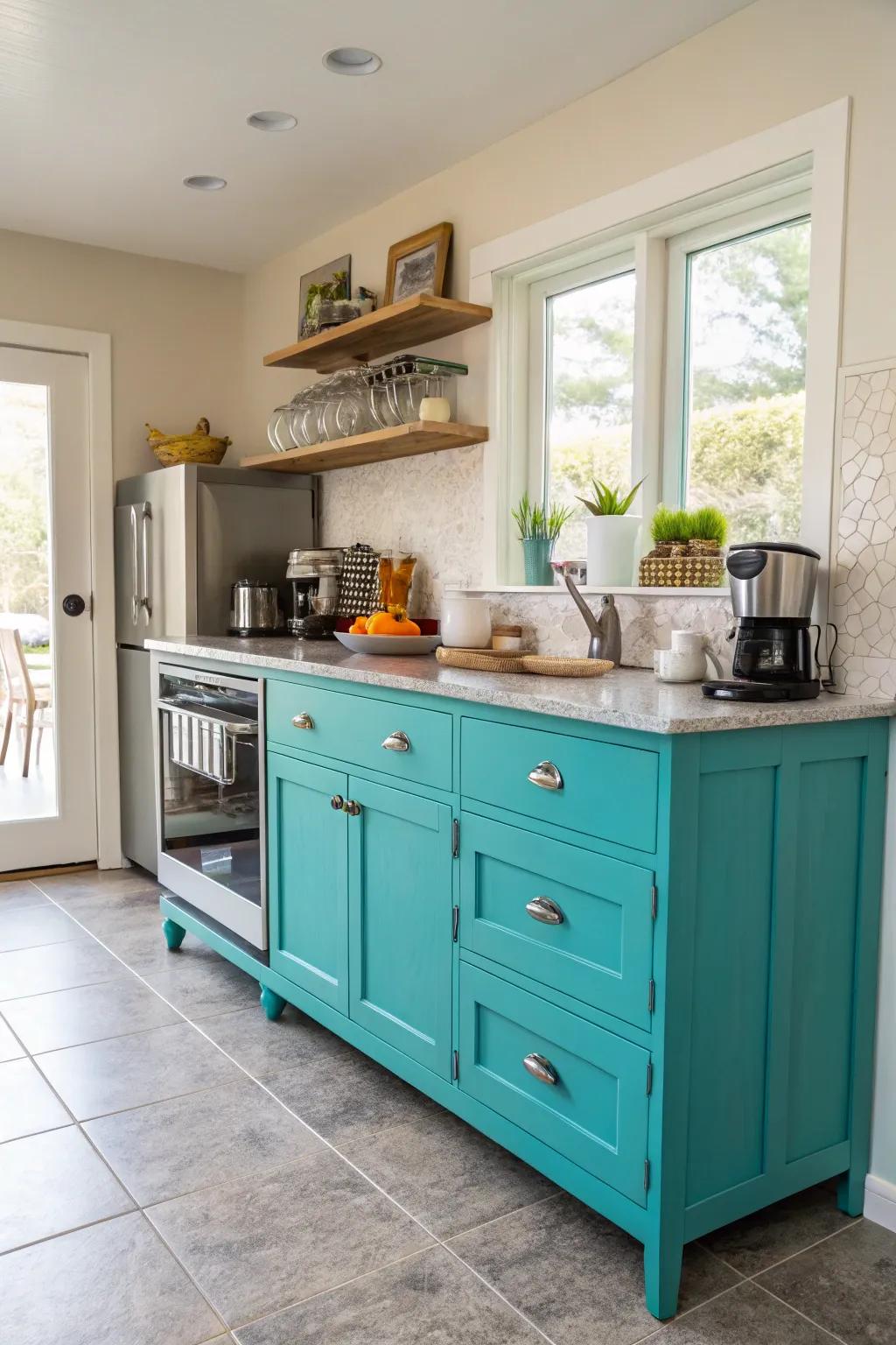 A bright blue sideboard adds a lively splash of color to the kitchen.