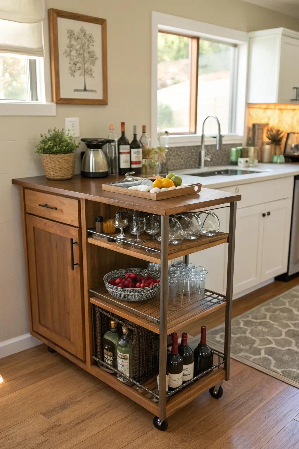 A multi-use sideboard serving as a mobile bar station in a small kitchen.